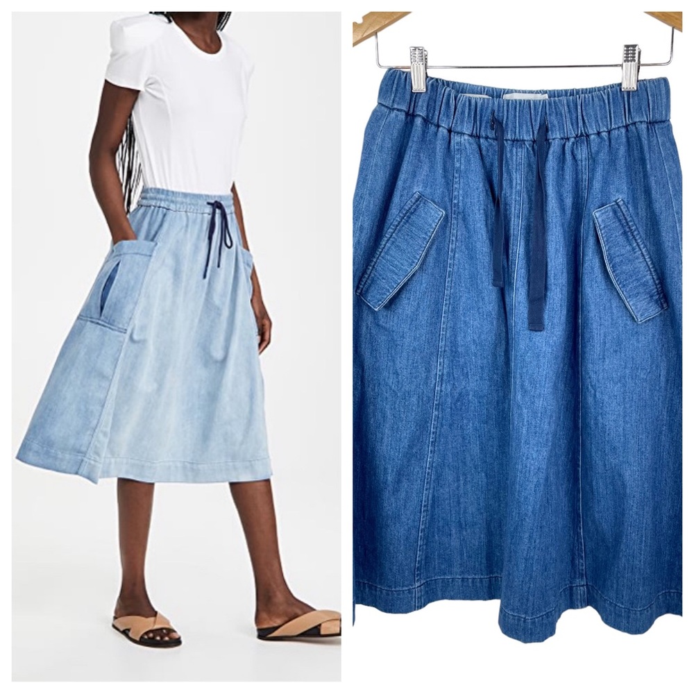 Closed A-Line Denim Chambray Skirt Small Drawstring Pockets Midi